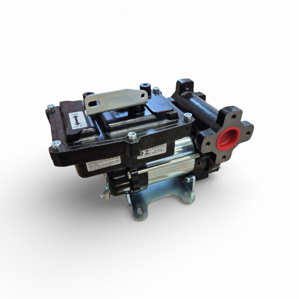 Bensinpump 12V / 230V PIUSI EX50 är en metallisk industripump med en svart och silverfärgad kropp, monterad på en bas, och har en röd cirkulär port. Den visas på en vit bakgrund.