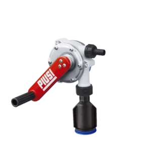 AdBlue vevpump för 200 liter fett är en manuell roterande handpump med ett rött handtag på en vit och silverfärgad rund kropp, med ett svart munstycke i botten för vätskeutmatning.