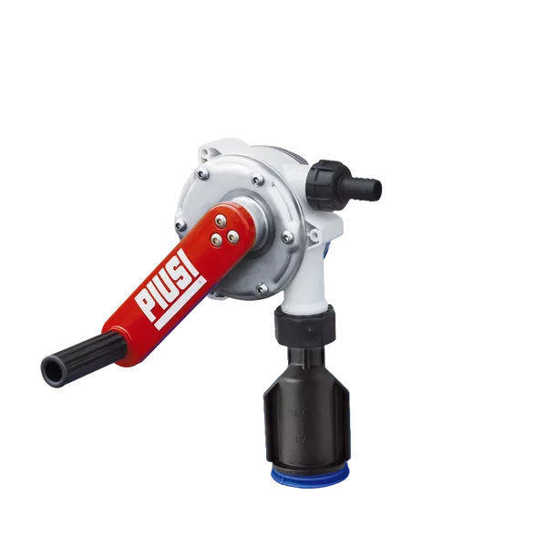 AdBlue vevpump för 200 liter fett är en manuell roterande handpump med ett rött handtag på en vit och silverfärgad rund kropp, med ett svart munstycke i botten för vätskeutmatning.