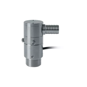 Pulsgivare Adblue flödesmätare Piusi Turbinox 90° 1" BSP är en cylindrisk flödesmätare av metall med räfflad slangkoppling, synliga skruvar och gängad botten för säker anslutning till slangar eller rör.