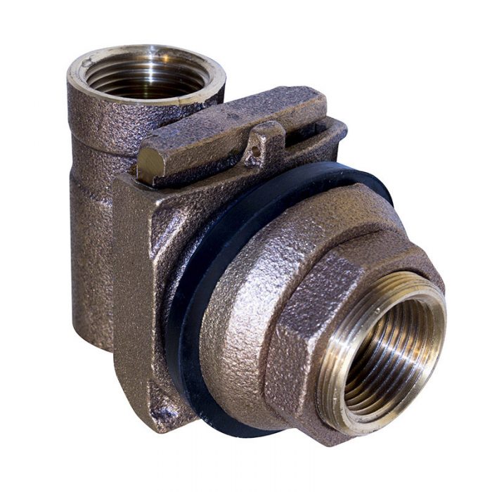 En närbild av EMTEK enkeladapter R32, en metallisk VVS-armatur med gängade öppningar och en vinklad design, med en spak på ovansidan för anslutning och styrning av rör i vatten- eller gassystem.