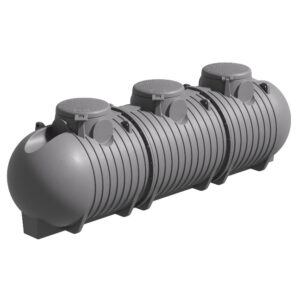 Sluten Tank MT 6000-21000L är en stor, grå, cylindrisk underjordisk tank med räfflade sidor och tre runda topplock, utformad för lagring eller dränering.