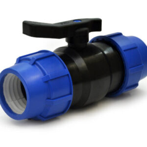 Kulventil PP med klämkoppling har blå klämkopplingar på båda sidor och ett svart handtag för reglering av vattenflödet.