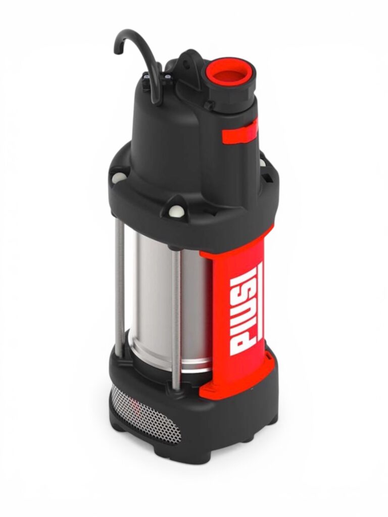 AdBluepump 230 Volt SQUALO35 har en svart topp, silverfärgad cylindrisk kropp och röda detaljer med den vita PIUSI-logotypen och är utformad för vätskeöverföring eller dränering.