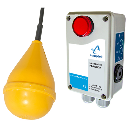 En gul flottörställare med svart kabel och en rektangulär Pumptek PT-NL009 kontrollbox - med stor röd knapp och flera portar - utgör det perfekta högnivålarmet för tankar & pumpstationer.