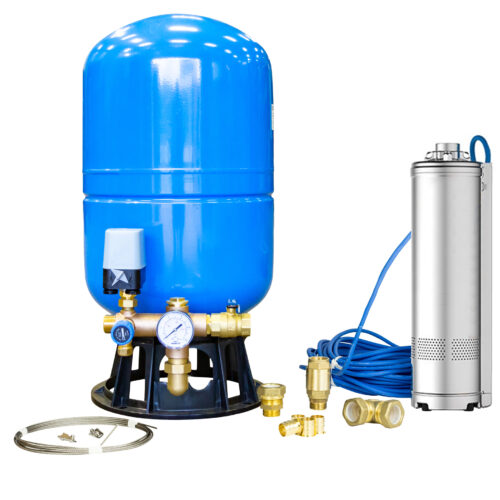 Vattenpump dränkbar inklusive 60L membrantank består av en blå trycktank med mätare och mässingsbeslag, en silverfärgad dränkbar pump med blå kabel samt extra rördelar och en metallring, allt på vit bakgrund.