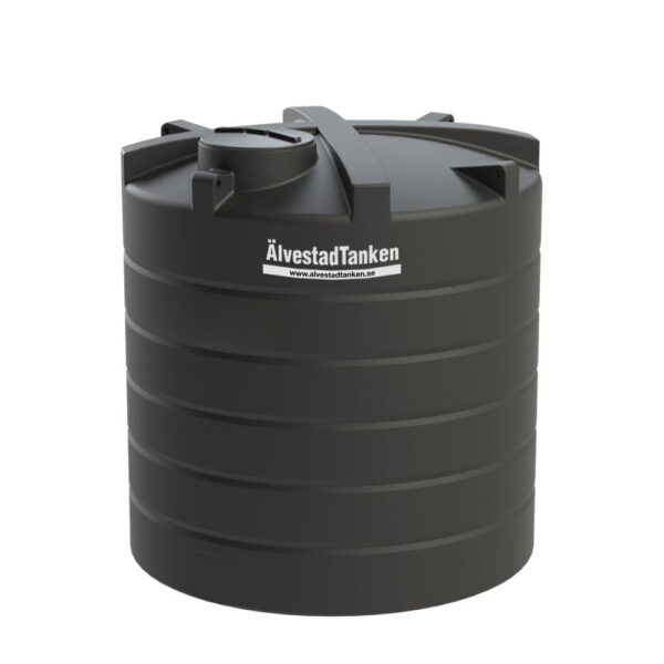 En stor, svart, cylindrisk lagringstank av plast med säkert lock och horisontella räfflor, märkt Vattentank VT 1050L - vertikal modell för dricksvatten på sidan.