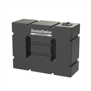 En rektangulär svart plast "Transporttank vatten 400L skvalpskydd-stående modell" med sidofåror, ett runt lock i övre högra hörnet och märkt ÄlvestadTanken med hemsida.