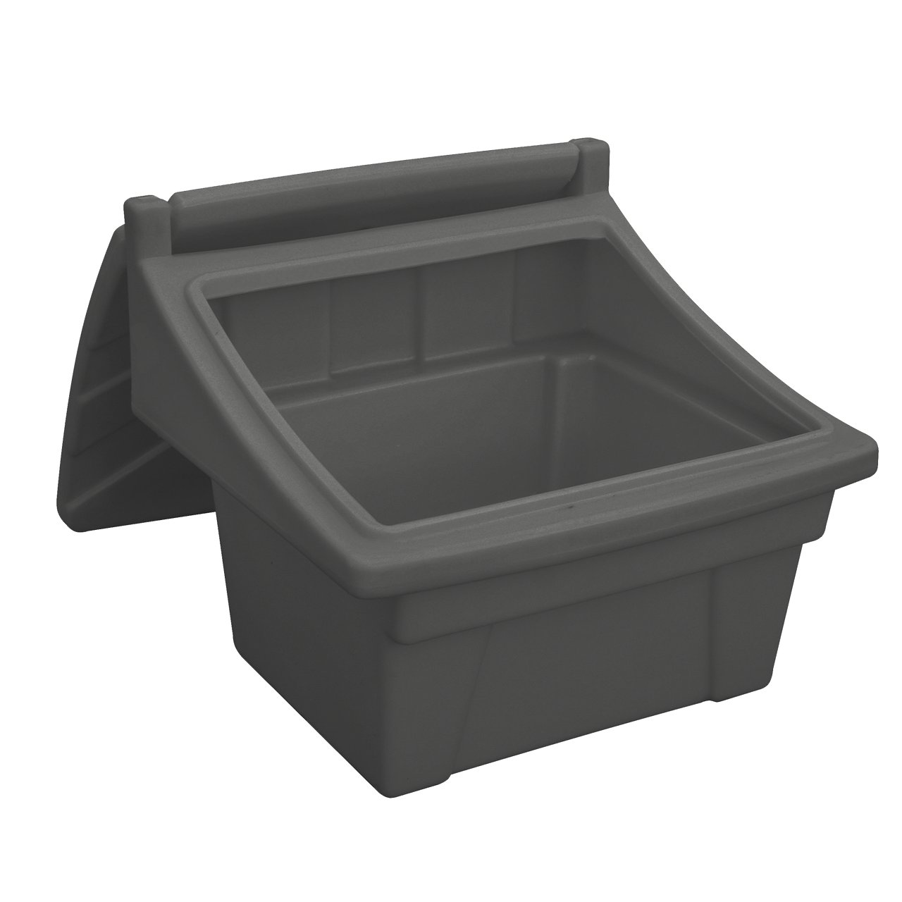 Sandlåda förvaringslåda 50 liter är en grå plastlåda med öppen snedställd front och förstärkt baksida, perfekt för förvaring eller organisering av olika föremål.