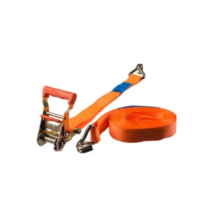 ÄlvestadTanken Spännband 35 mm Orange 2 ton är ett orange spärrband med metallkrokar i båda ändar och en spärrmekanism av metall med orange handtag, som visas delvis upprullat mot en vit bakgrund.