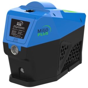 MiljöPLUS MINIJET Tryckstegringsenhet är en kompakt blå och svart automatisk vakuumpump med digitala kontroller, sidoventilationsgaller, en metallisk inloppsport och en modern design, perfekt för HVAC-applikationer.
