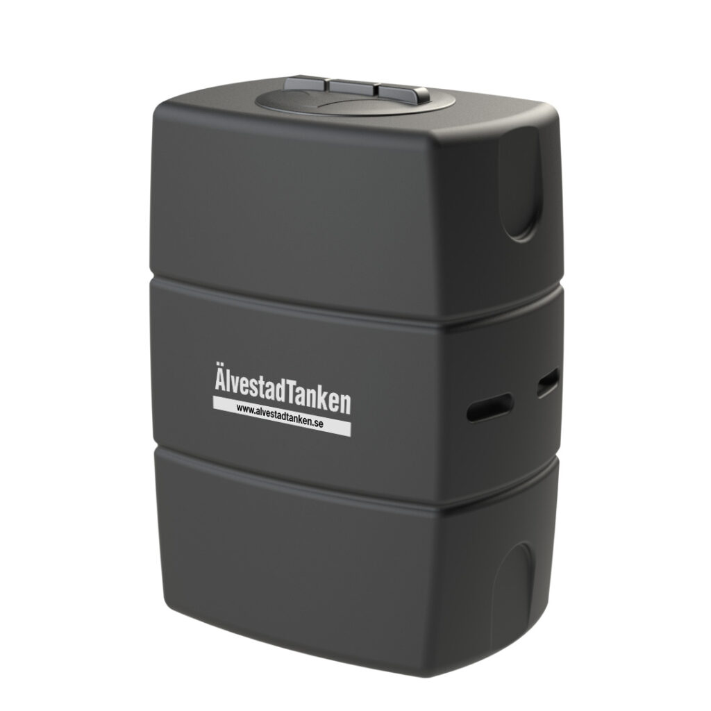 Vattentank Slimline 500 liter är en stor, rektangulär svart lagringstank med släta kanter, en främre ÄlvestadTanken-etikett, två topphandtag och praktiska sidoöppningar.