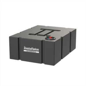 Rektangulär svart Transporttank vatten 1000L skvalpskydd-liggande modell med infällt topphandtag, litet runt rött och svart lock samt ÄlvestadTanken-etikett på sidan.