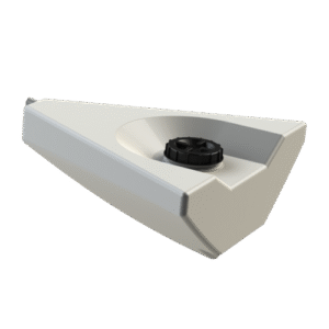 Marin Vattentank 75L är en vit, triangulär plastbehållare med ett svart skruvlock i mitten, fotograferad från låg vinkel mot en vit bakgrund.