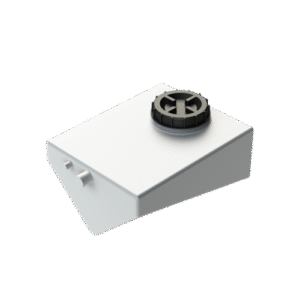 Marin Vattentank 40L är en vit, rektangulär plasttank med svart skruvlock på toppen och två små rörutgångar på ena sidan, som visas mot en vit bakgrund.