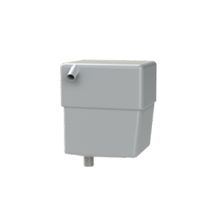 Marin Septiktank 45L är en grå, lådformad plastbehållare med en pip på toppen och ett kort cylindriskt utlopp i botten, mot en vit bakgrund.