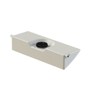 Marin Vattentank 55L är en rektangulär vattentank i vit plast med ett svart skruvlock på toppen och ett litet cylindriskt munstycke i ena hörnet.