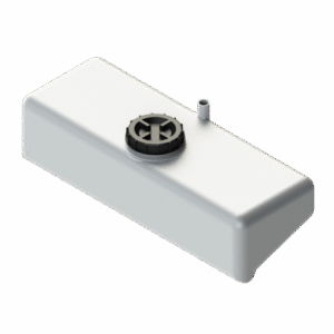 Marin Vattentank 65L är en rektangulär vit plastbehållare med rundade kanter, ett svart skruvlock på toppen och ett litet vertikalt rörutlopp nära ena änden.