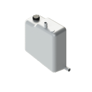 Marin Septiktank 40L är en rektangulär vit plastbehållare med rundade kanter, ett svart skruvlock på toppen, en kort vertikal pip och ett horisontellt munstycke på ena sidan.