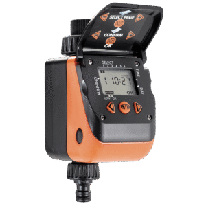 Claber vattendator "AQUAUNO VIDEO-6 PLUS" är en digital timer för trädgårdsslang med LCD-skärm, orange och svart hölje, kontrollknappar och ett skyddande lock som kan fällas upp.