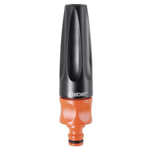 Claber "PRO" spraymunstycke är ett svart och orange trädgårdsslangmunstycke med en elegant design, en rund bas för slanganslutning och Clabers varumärke tryckt på den.