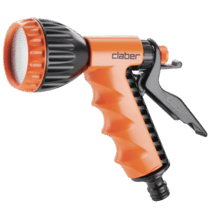 Claber "ERGO" sprinklerpistol är ett orange och svart sprinklermunstycke för trädgårdsslang med ergonomiskt grepp och justerbart spruthuvud, avsett för användning med vanliga trädgårdsslangar.