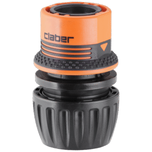 Claber slangkoppling universal 1/2"-5/8"-3/4" är en orange och svart trädgårdsslangkoppling i plast med räfflade grepp, en strukturerad mittdel och Clabers varumärke tryckt på den för enkel hantering.