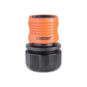Claber snabbkontakt 3/4" är en trädgårdsslangkoppling i orange och svart plast, med Claber-märket på den orange delen, utformad för snabb på- och avkoppling av slangen.