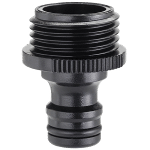 Claber universaladapter 3/4" utv. gga är en svart plastkoppling med invändig gänga i ena änden och en snabbkoppling i den andra, perfekt för att fästa slangar eller trädgårdsutrustning.