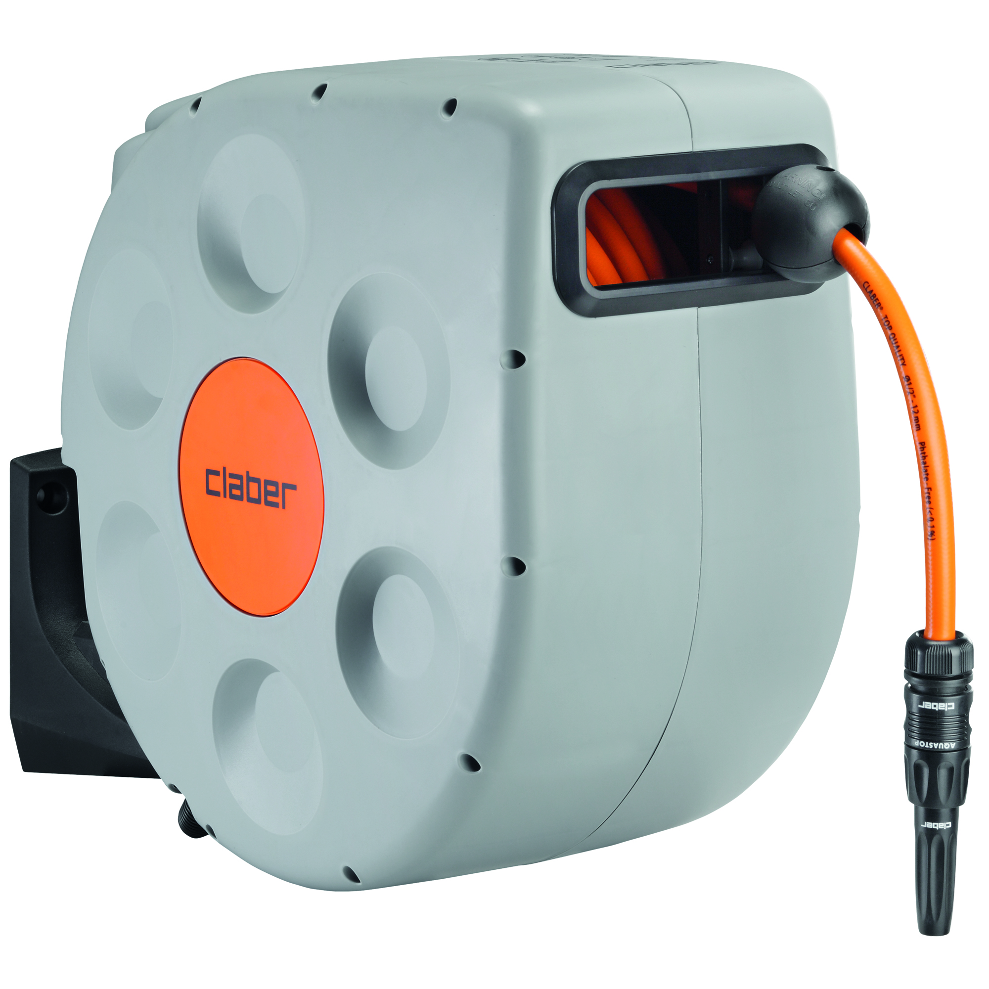 Grå och orange väggmonterad CLABER SLANGVINDA ROTOROLL EVOLUTION trädgårdsslangvinda med orange slang delvis utdragen och svart munstycke. Clabers logotyp är synlig på upprullarens framsida.