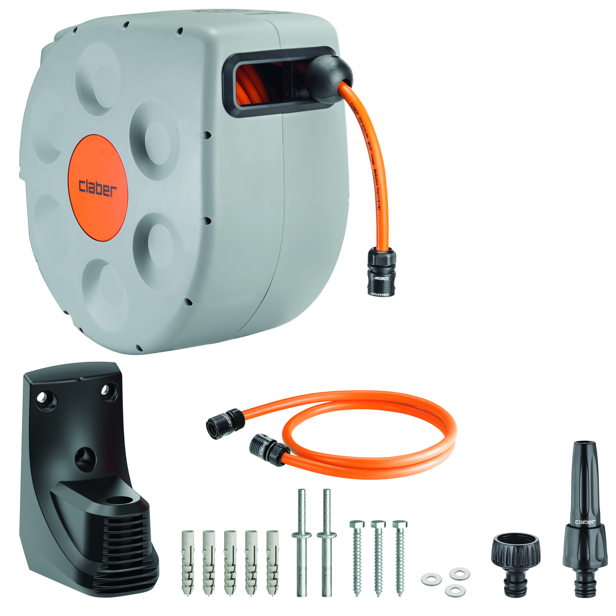 En väggmonterad grå och orange CLABER SLANGVINDA ROTOROLL EVOLUTION automatisk slangvinda med en orange slang som är delvis utdragen, plus ett monteringsfäste, skruvar, väggpluggar, munstycke och slangkopplingar som visas nedan.