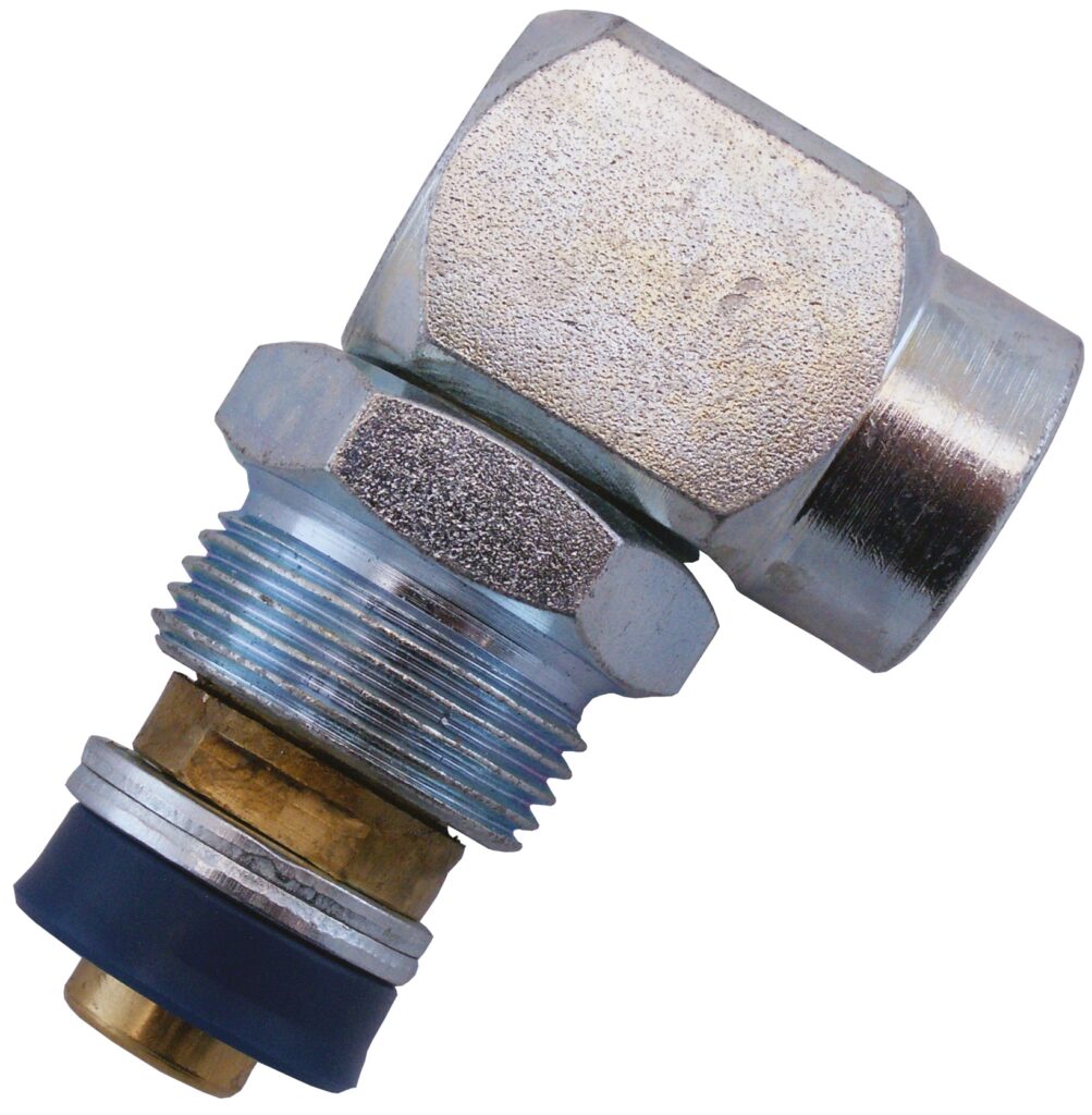En närbild av SVIRVEL 1/2" 60 BAR hydraularmatur visar dess metalliska rätvinkliga design, gängade ändar och en gummipackning i botten.
