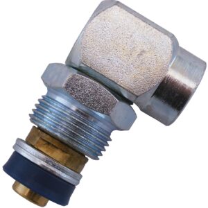 En närbild av SVIRVEL 1/2" 60 BAR hydraularmatur visar dess metalliska rätvinkliga design, gängade ändar och en gummipackning i botten.