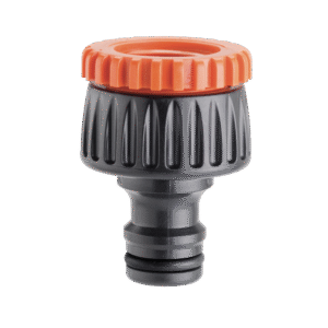 Claber skruvkontakt 1/2"-3/4" är en svart och orange plastkoppling för trädgårdsslang med räfflat grepp och orange skruvlock, mot vit bakgrund.