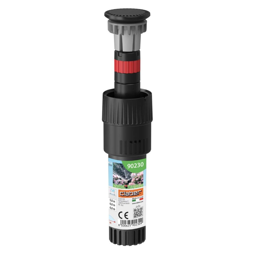 En svart och grå Claber 90° COLIBRÌ MICRO-SPRINKLER med röd ring, märkt med produktinformation, streckkod, blomsterbilder, nummer 90230 och Clabers varumärke.