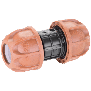 Claber plastkoppling 20 mm rak är en orange plaströrskoppling med gängade ändar och svart mittdel, avsedd för sammankoppling av två rör inom VVS eller bevattning. Siffran 20 finns på båda ändarna.