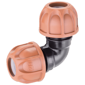 Claber plastkoppling vinkel 20 mm är en rörkoppling av plast med två stora orange skruvlock och en svart 90-graders anslutning för sammankoppling av rör.