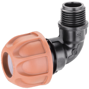 Claber plastkoppling 20 mm vinkel utv gänga 1/2" är en 90-gradig vinkelkoppling i svart plast med orange skruvlock för anslutning av rör.