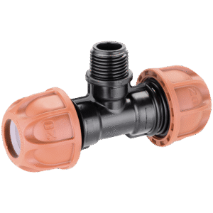Claber plastkoppling 20 mm T med 1/2" utv. gga är en T-koppling i plast med orange gängade kåpor i båda ändarna och en svart 1/2" gängad utvändig kontakt på ovansidan.