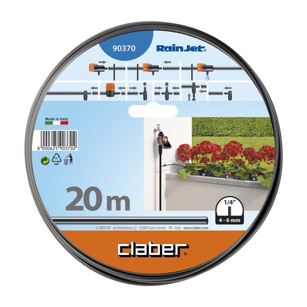En rulle Claber vattenledning 1/4" x 20 meter, avbildad på förpackning med bevattningsschema och foto på slangen som vattnar röda planteringsblommor. Lämplig för 4-6 mm slangar.