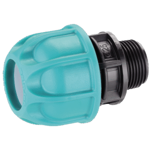Claber plastkoppling 25 mm utv. gga 3/4" är en plaströrskoppling med ett stort turkost lock och en mindre gängad svart anslutning, avsedd för sammankoppling av rör i VVS- eller bevattningssystem.