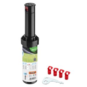 Claber "MEDIUM-JET TURBINE SPRINKLER" i svart, med en blå etikett, fyra röda munstycken och ett justeringsverktyg i metall visas på en vit bakgrund.