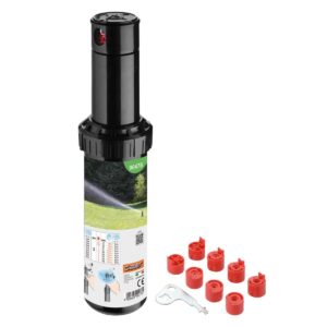 Claber "TURBINE SPRINKLER" i svart visas med bruksanvisning på etiketten, åtta röda munstycken och ett litet justeringsverktyg i metall, allt arrangerat på en vit bakgrund.