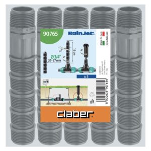 Claber 3/4"-3/4" gängad förlängning till POP-UP-förpackning med fem adaptrar, produktinformation, diagram för trädgårdsbevattning och varumärke mot en vit bakgrund.