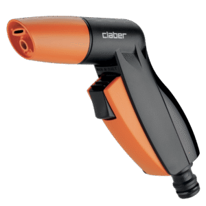 Claber strålpistol "ELEGANT" är ett orange och svart munstycke för trädgårdsslang med en modern, ergonomisk design och justerbar sprutspets, avbildad mot en vit bakgrund.