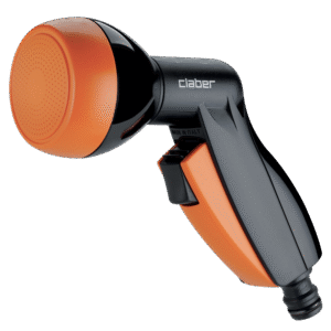 Claber "ELEGANT" duschpistol är ett handhållet sprutmunstycke för trädgårdsslang med orange och svart design, ett avtryckarhandtag och Clabers varumärke på sidan.