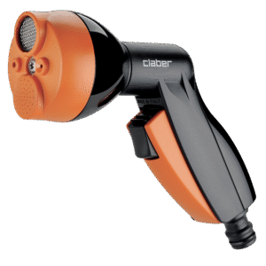 Claber "ELEGANT" multisprinkler är ett orange och svart handhållet sprutmunstycke med ett avtryckarhandtag, justerbart spruthuvud och Clabers varumärke på sidan.