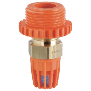 Claber dräneringsventil är en mekanisk armatur i orange och mässing med gängade ändar och en räfflad, cylindrisk kropp, som vanligtvis används för rör- eller bevattningssystem.