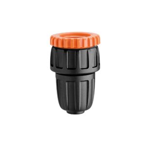 Vattenkoppling kranadadapter 1/2" matarledning är en svart plastslangkoppling med vertikala räfflor och orange gängad kåpa, som visas isolerad mot vit bakgrund.