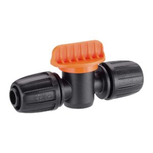 Vattenkran 1/2" matarledning är en svart trädgårdsslangkoppling i plast med ett orange, räfflat, T-format ventilhandtag i mitten, avsedd för att reglera vattenflödet i bevattningssystem.